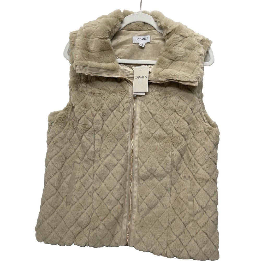Carmen Marc Valvo Women's‎ L Full Zip Faux Fur Quilted Lined Plush Jacket Vest